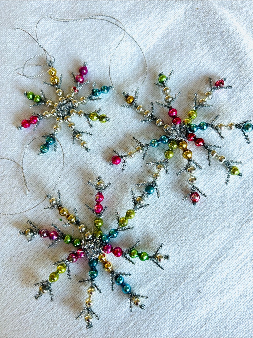 3 Vintage repurposed holiday Christmas glass garland bead snow flake ornaments